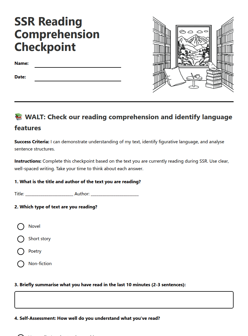 SSR Reading Comprehension Checkpoint worksheet preview
