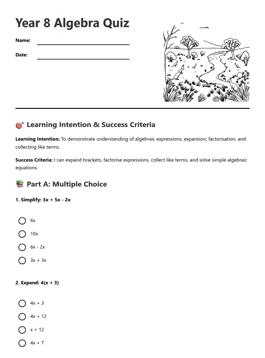 Year 8 Algebra Quiz worksheet preview