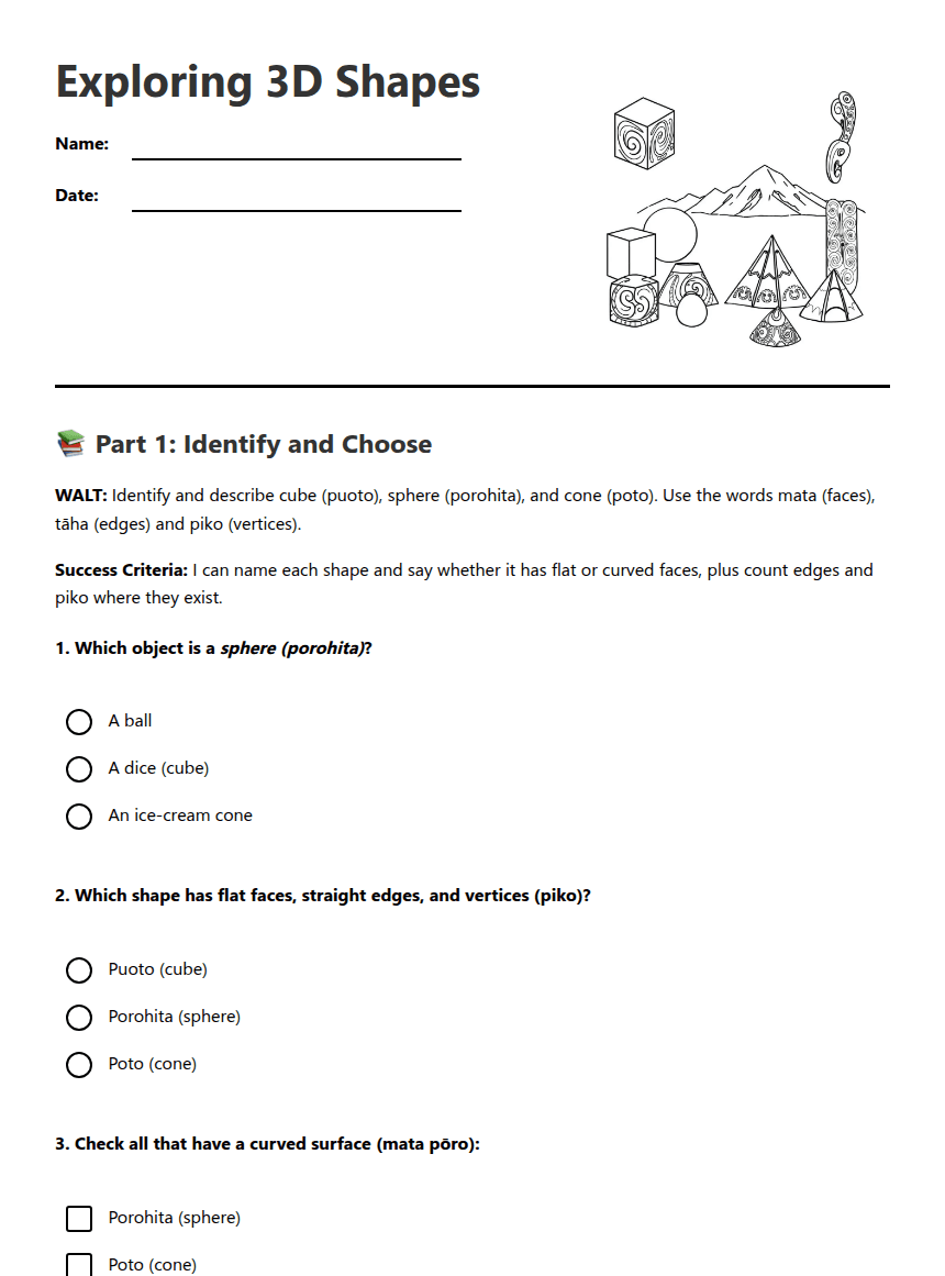 Exploring 3D Shapes worksheet preview