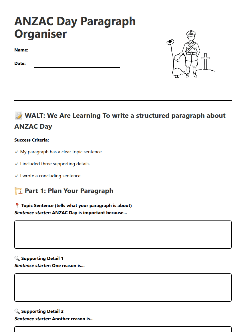 ANZAC Day Paragraph Organiser worksheet preview