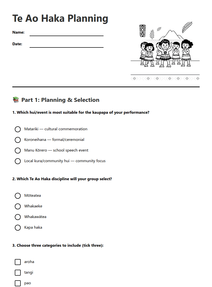 Te Ao Haka Planning worksheet preview