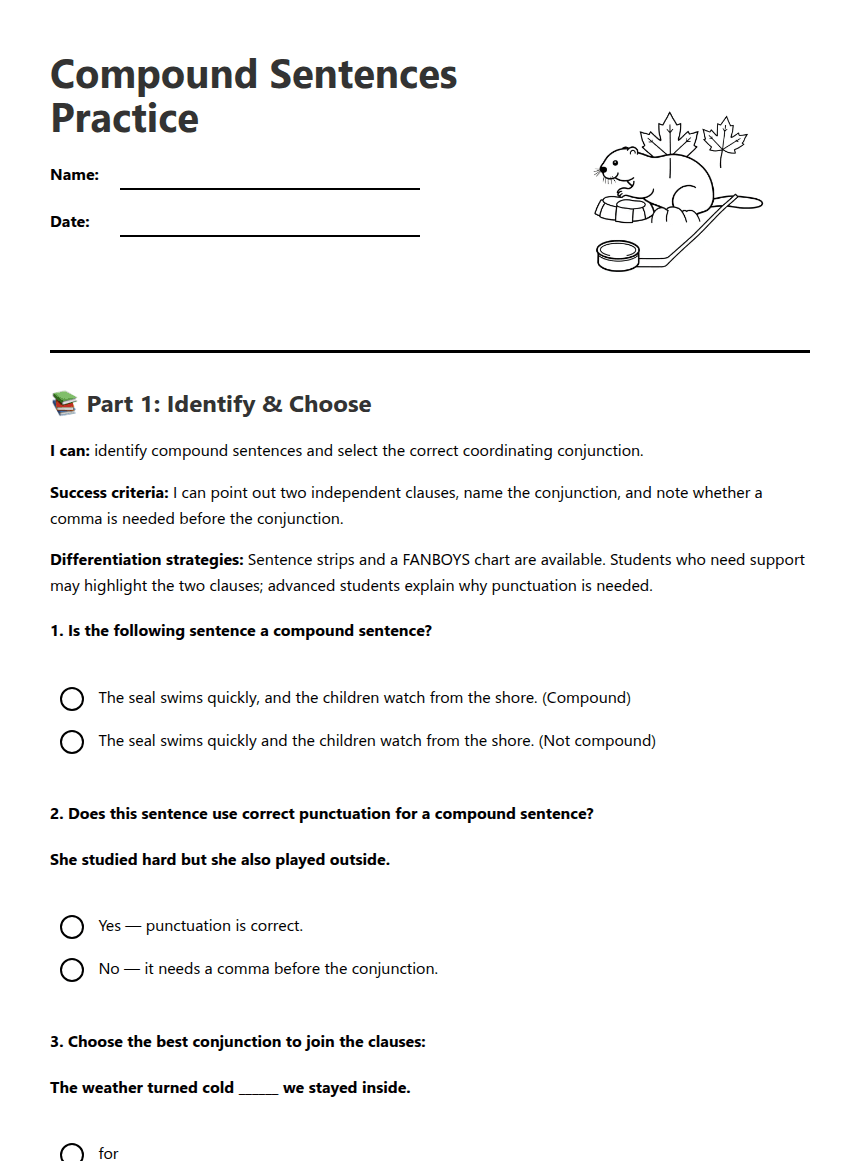 Compound Sentences Practice worksheet preview