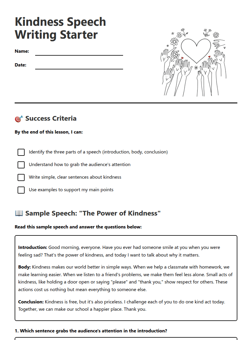 Kindness Speech Writing Starter worksheet preview