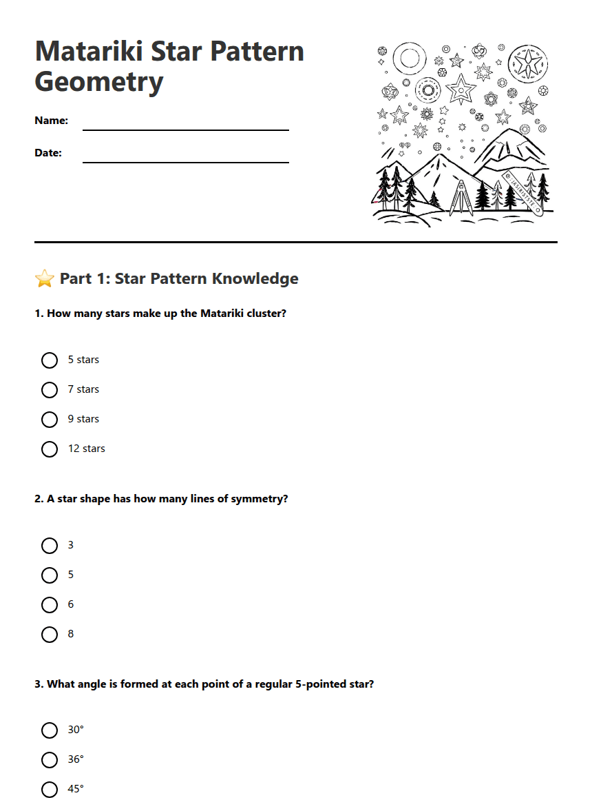 Matariki Star Pattern Geometry worksheet preview