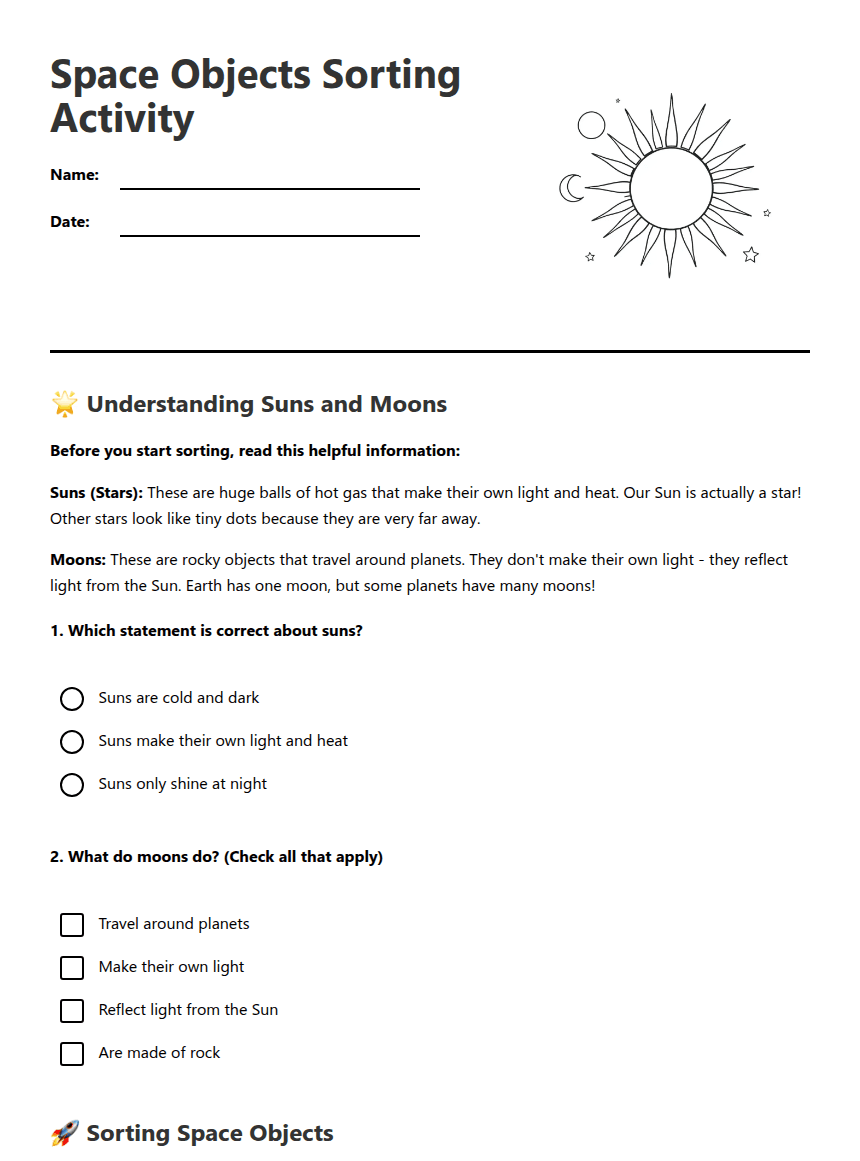 Space Objects Sorting Activity worksheet preview