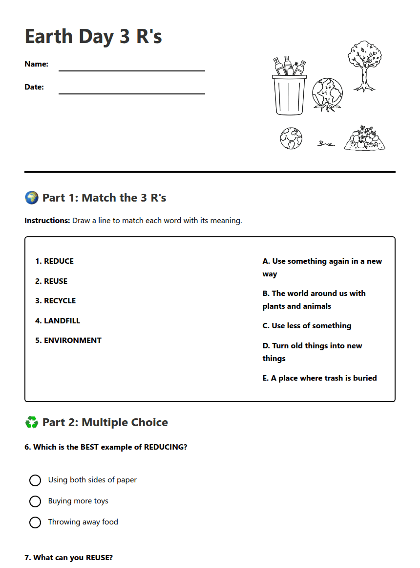Earth Day 3 R's worksheet preview