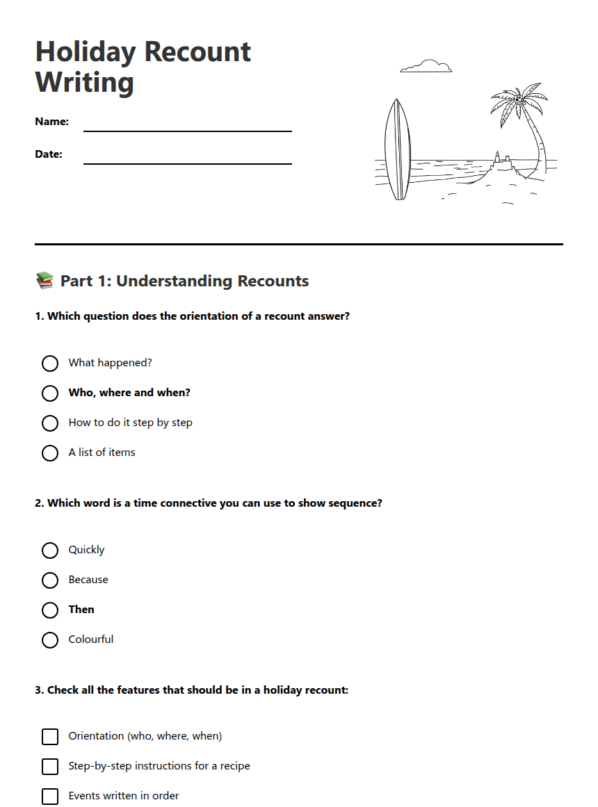 Holiday Recount Writing worksheet preview
