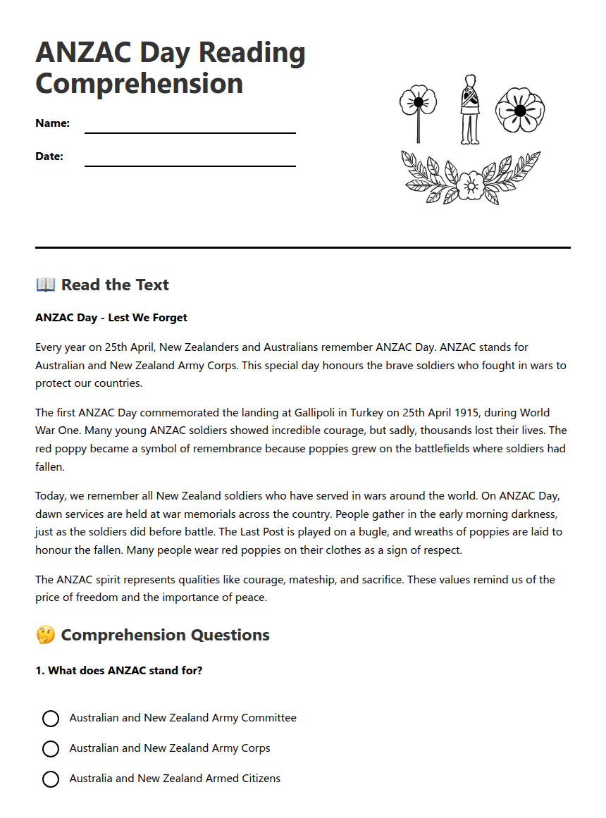 ANZAC Day Reading Comprehension worksheet preview