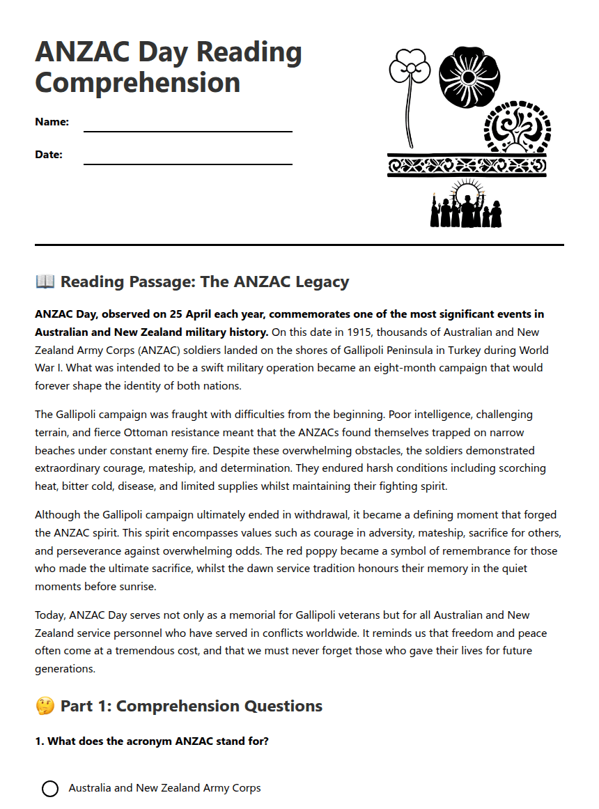 ANZAC Day Reading Comprehension worksheet preview