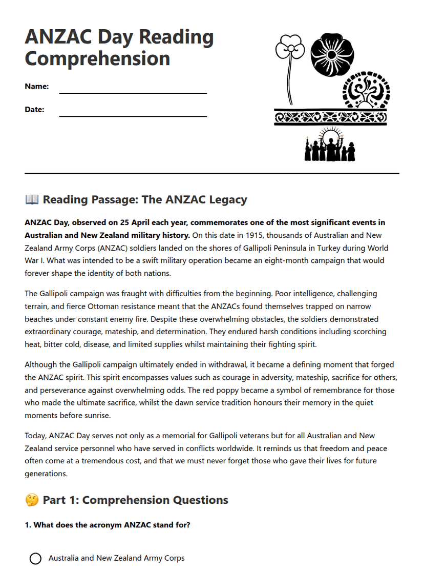 ANZAC Day Reading Comprehension