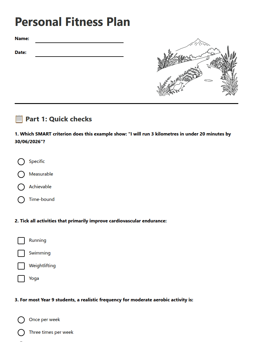 Personal Fitness Plan worksheet preview