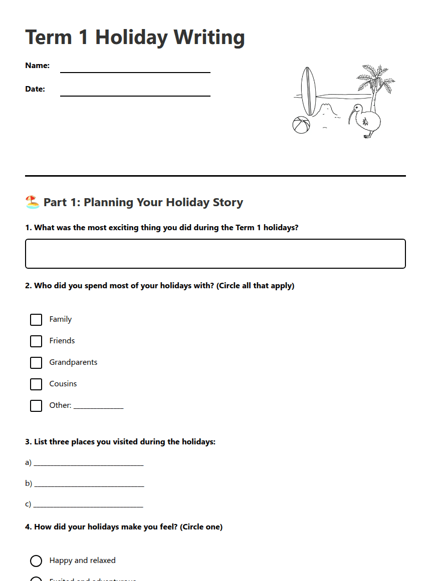 Term 1 Holiday Writing worksheet preview