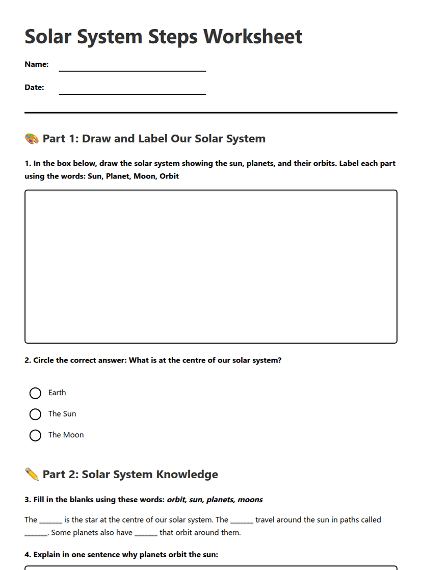 Solar System Steps Worksheet
