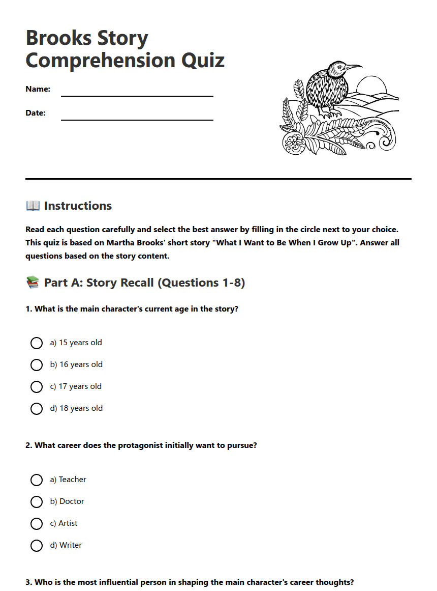 Brooks Story Comprehension Quiz worksheet preview