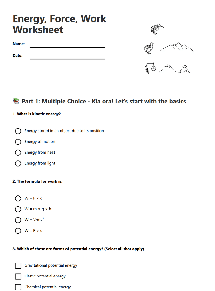 Energy, Force, Work Worksheet
