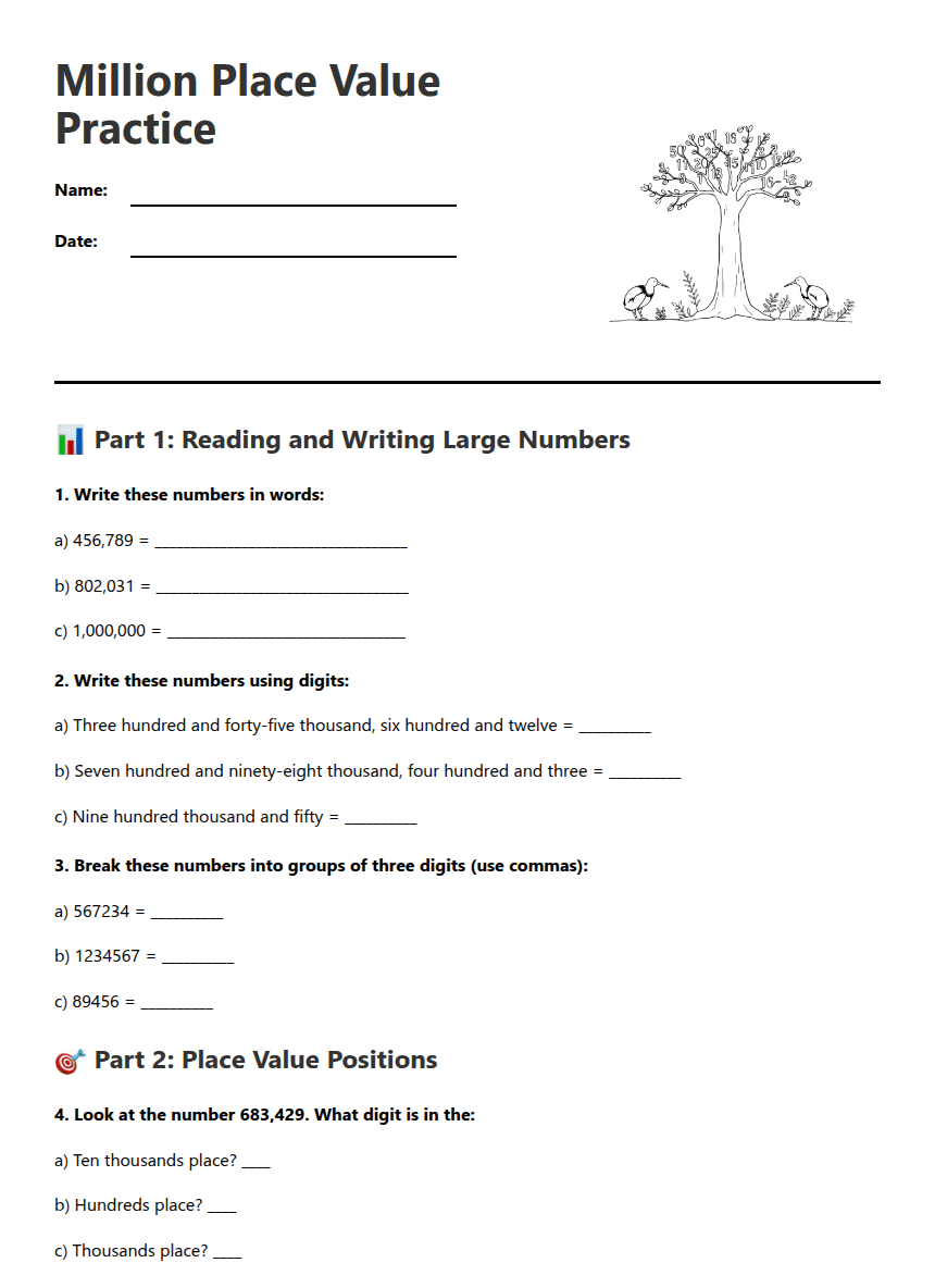Million Place Value Practice worksheet preview