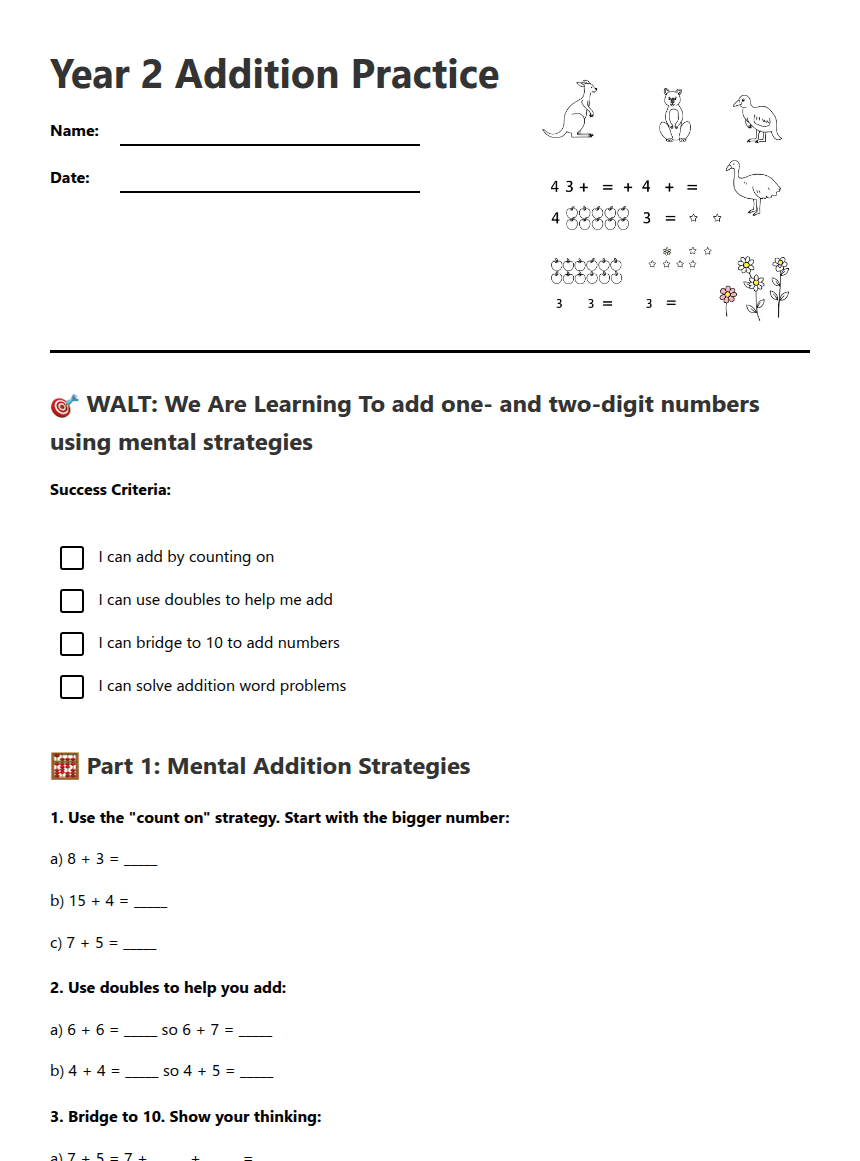 Year 2 Addition Practice worksheet preview