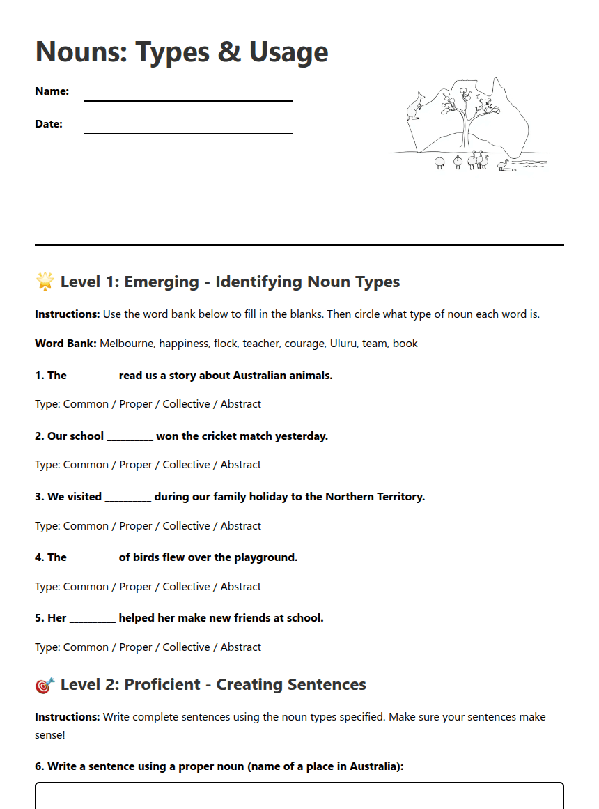Nouns: Types & Usage worksheet preview
