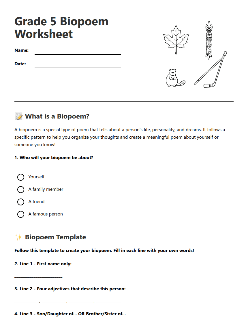 Grade 5 Biopoem Worksheet worksheet preview