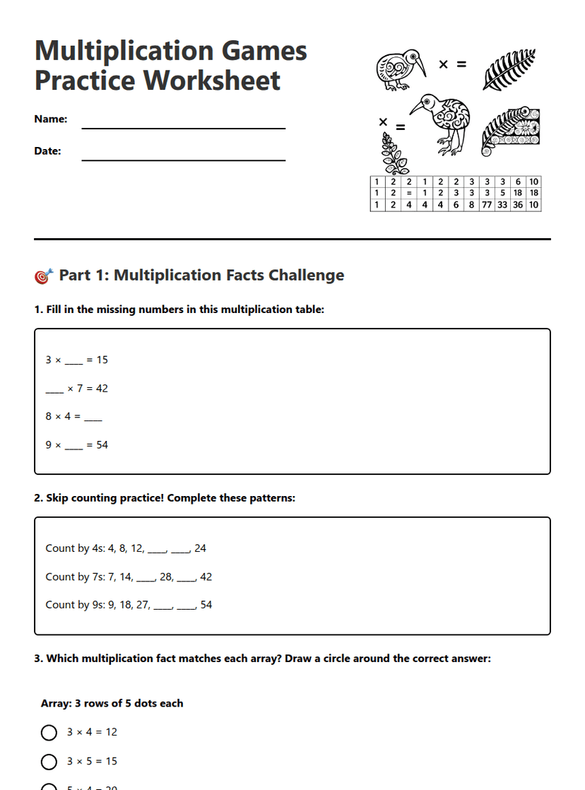 Multiplication Games Practice Worksheet