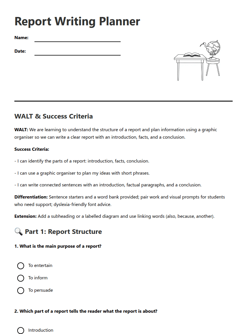 Report Writing Planner worksheet preview