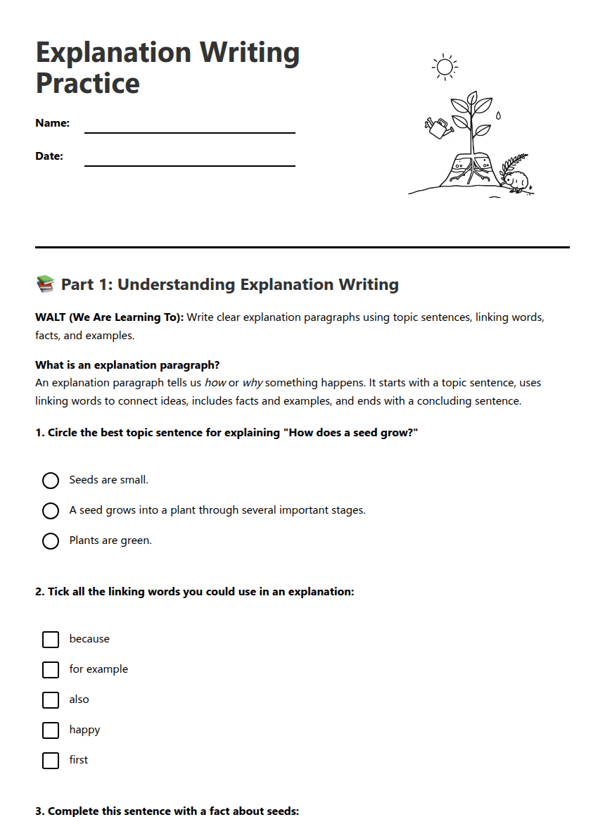 Explanation Writing Practice worksheet preview