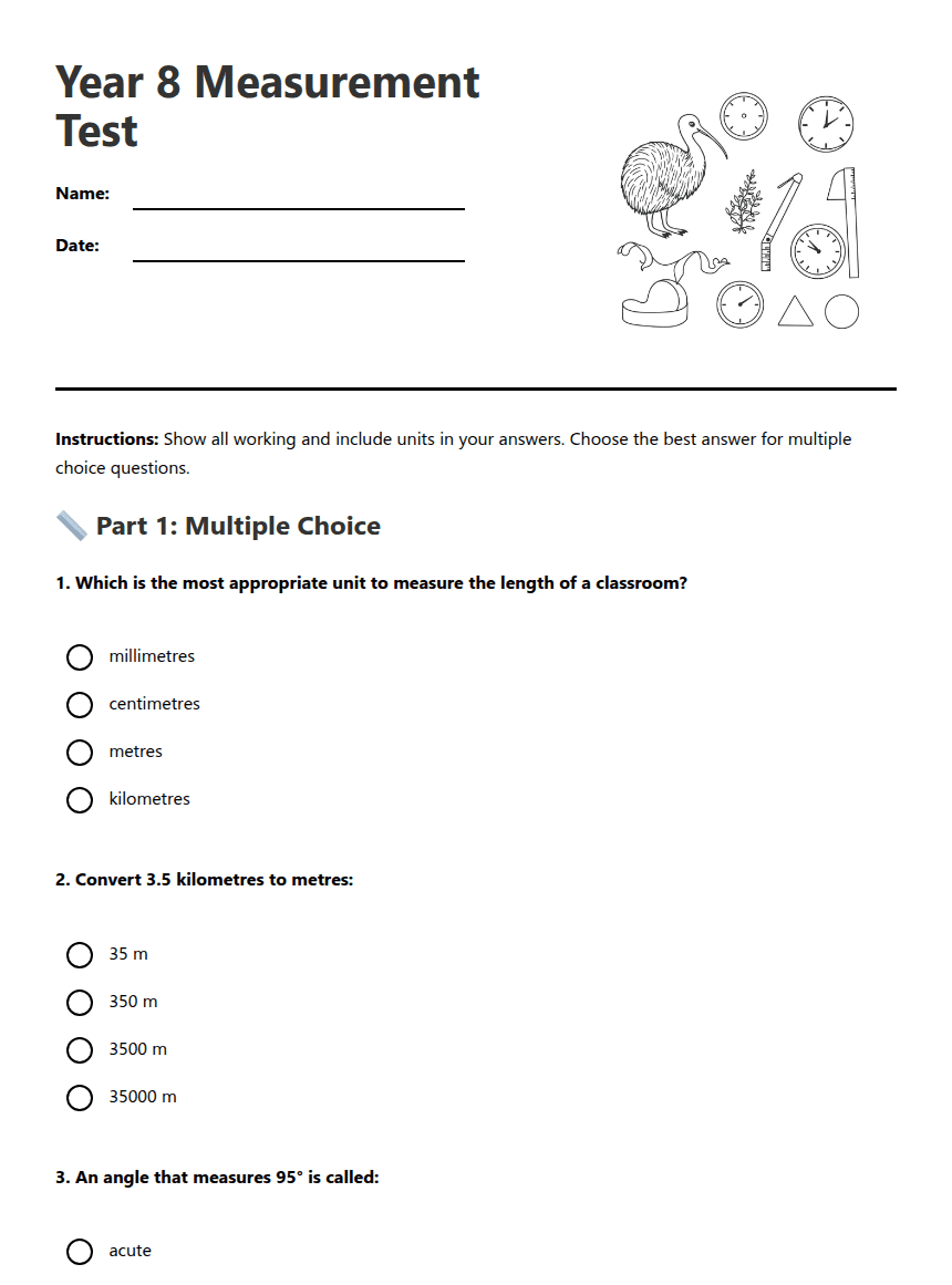 Year 8 Measurement Test worksheet preview