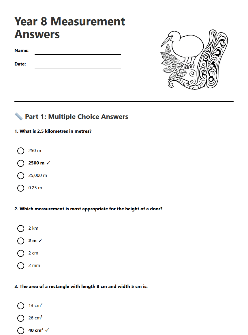 Year 8 Measurement Answers worksheet preview