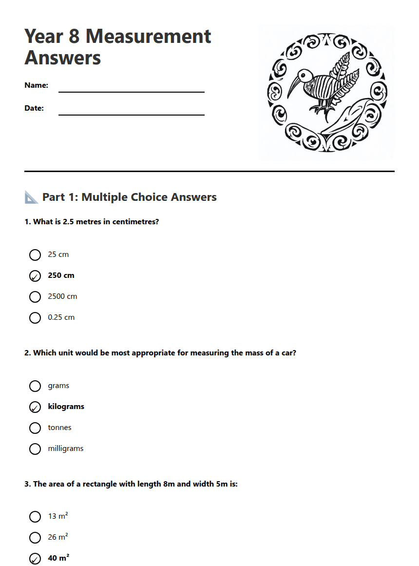 Year 8 Measurement Answers worksheet preview