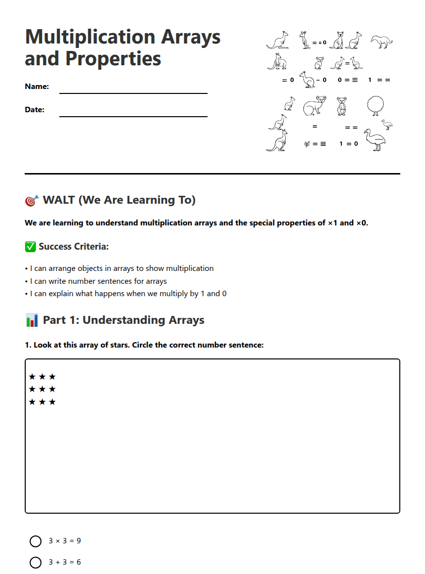 Multiplication Arrays and Properties worksheet preview