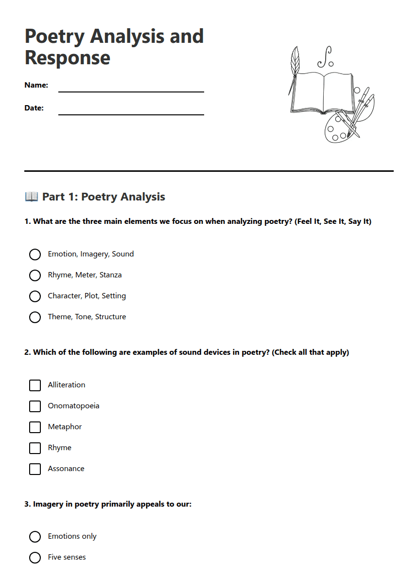 Poetry Analysis and Response worksheet preview