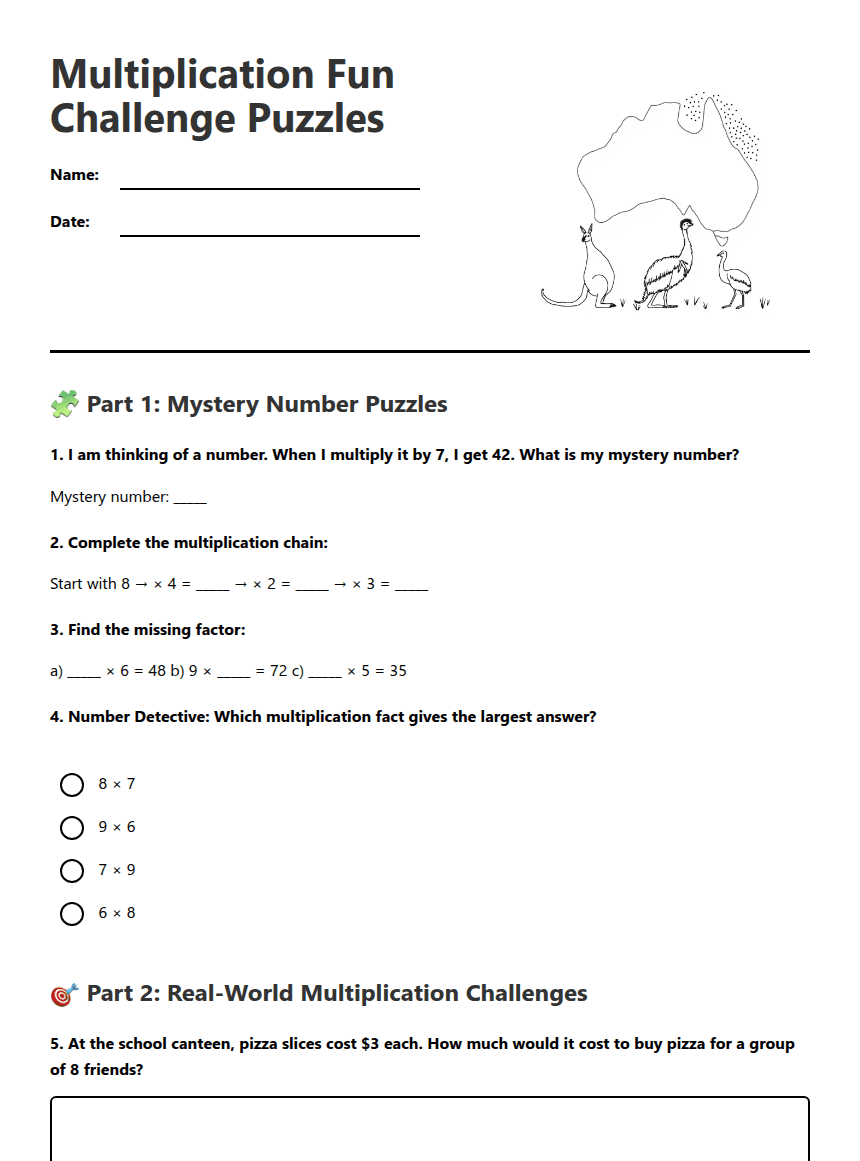 Multiplication Fun Challenge Puzzles worksheet preview