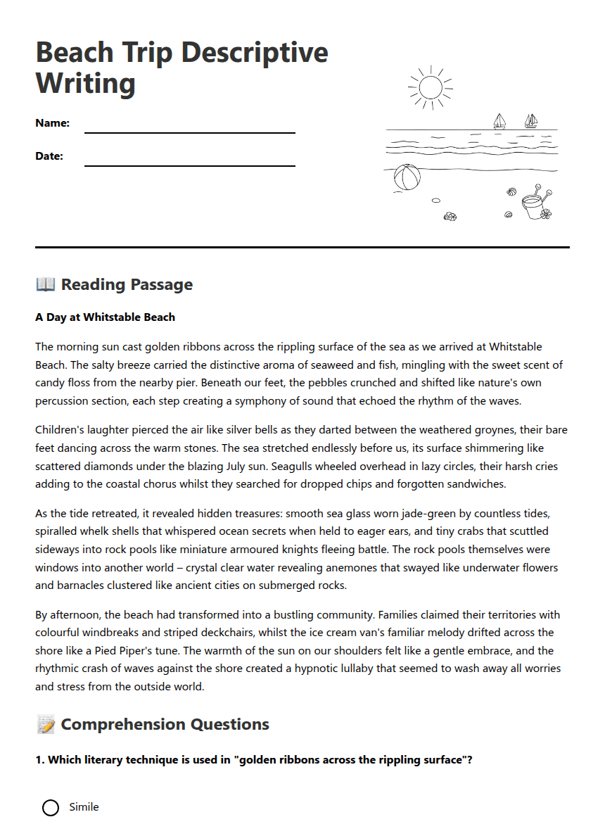 Beach Trip Descriptive Writing worksheet preview
