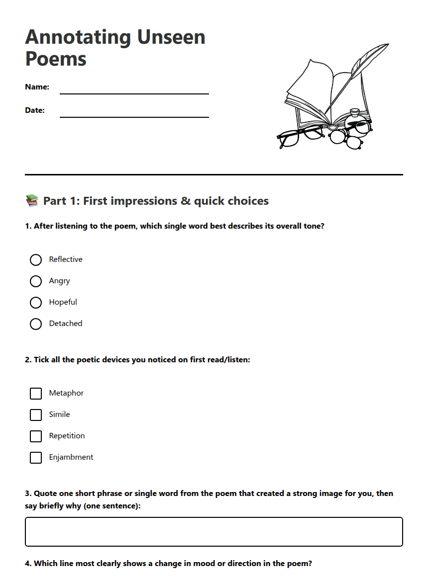 Annotating Unseen Poems worksheet preview