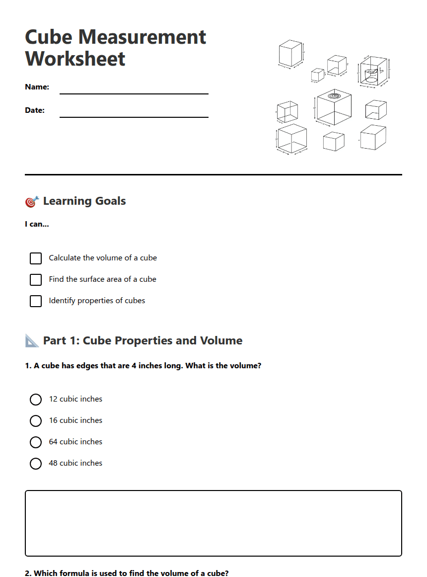 Cube Measurement Worksheet worksheet preview