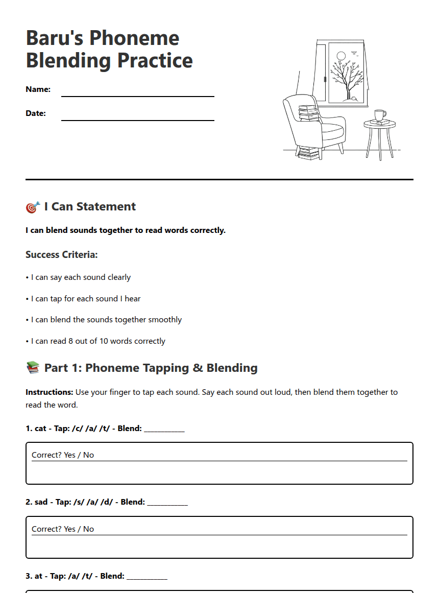 Baru's Phoneme Blending Practice worksheet preview