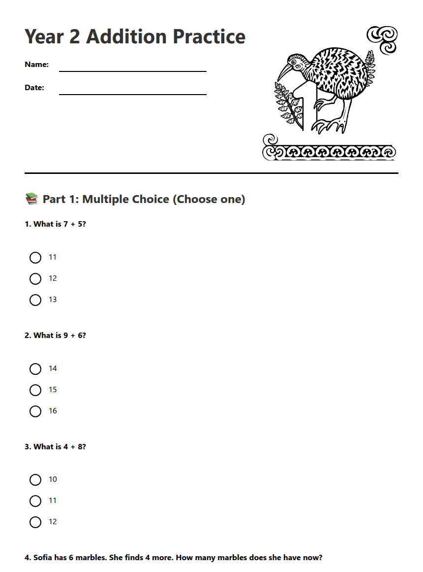 Year 2 Addition Practice worksheet preview