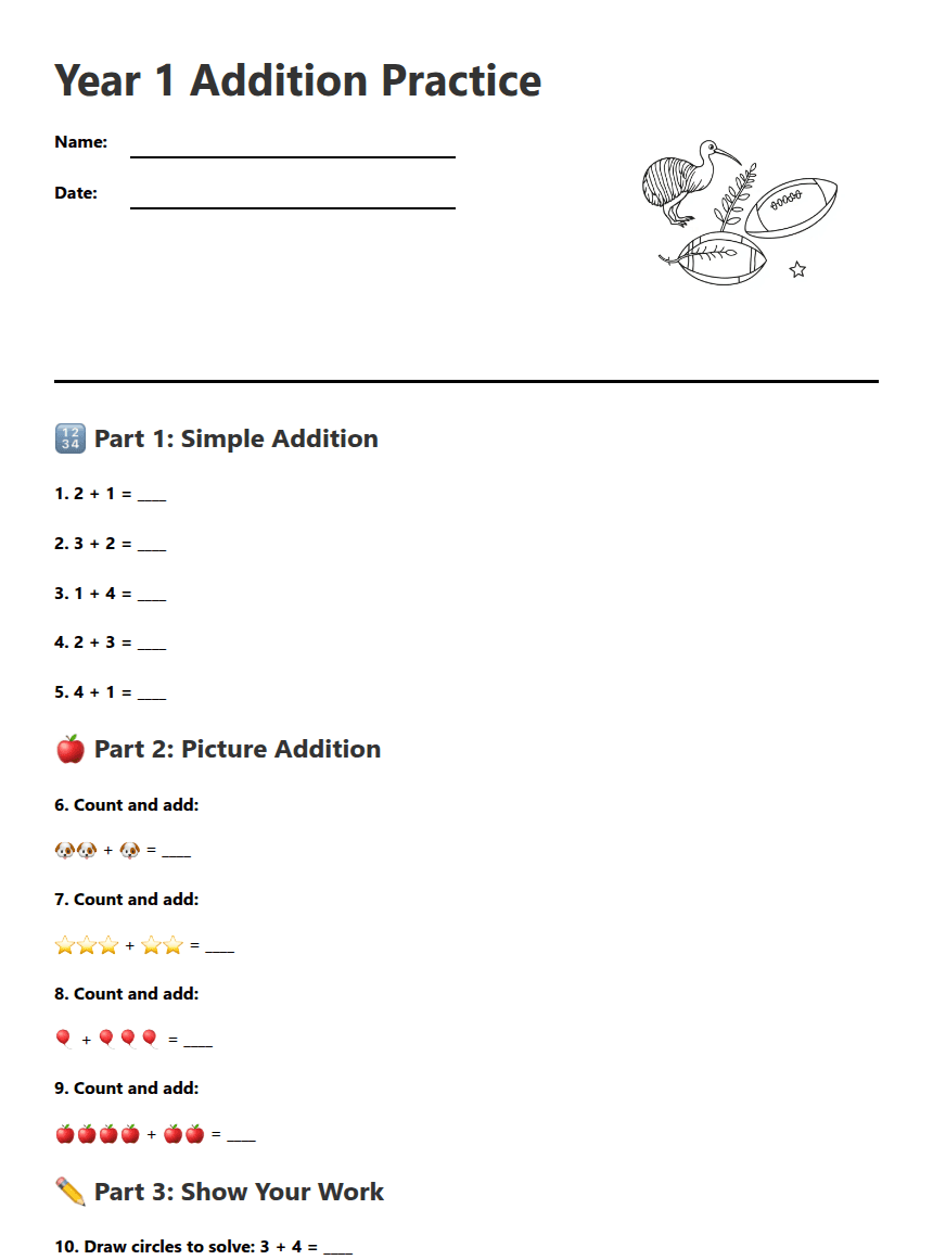 Year 1 Addition Practice worksheet preview