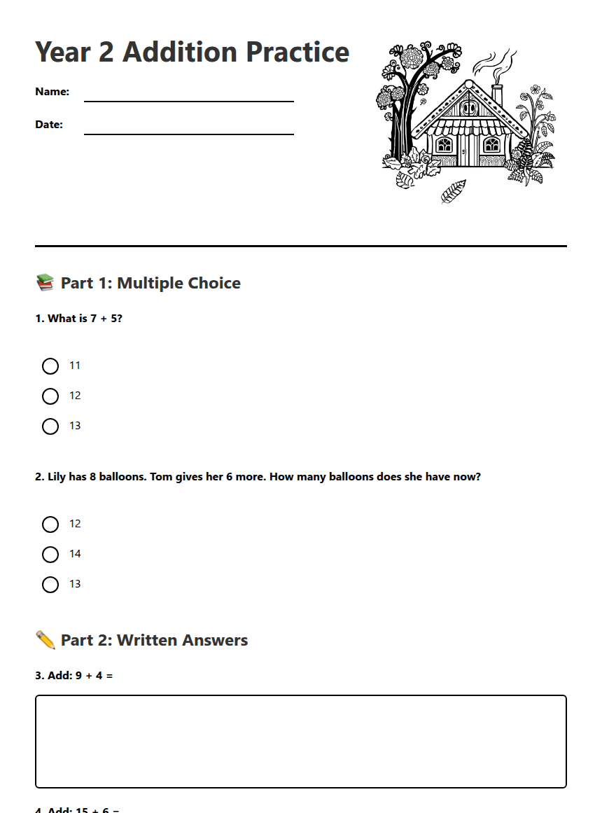 Year 2 Addition Practice worksheet preview