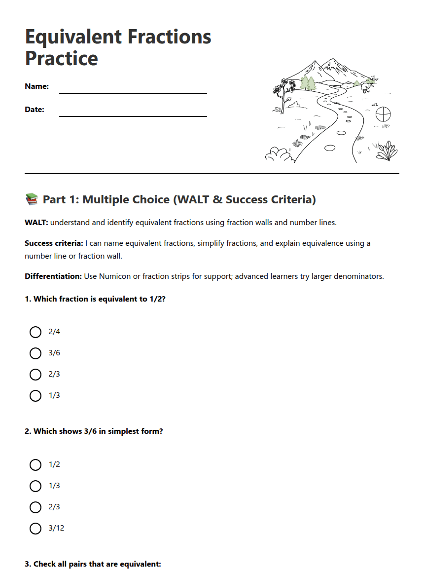 Equivalent Fractions Practice worksheet preview