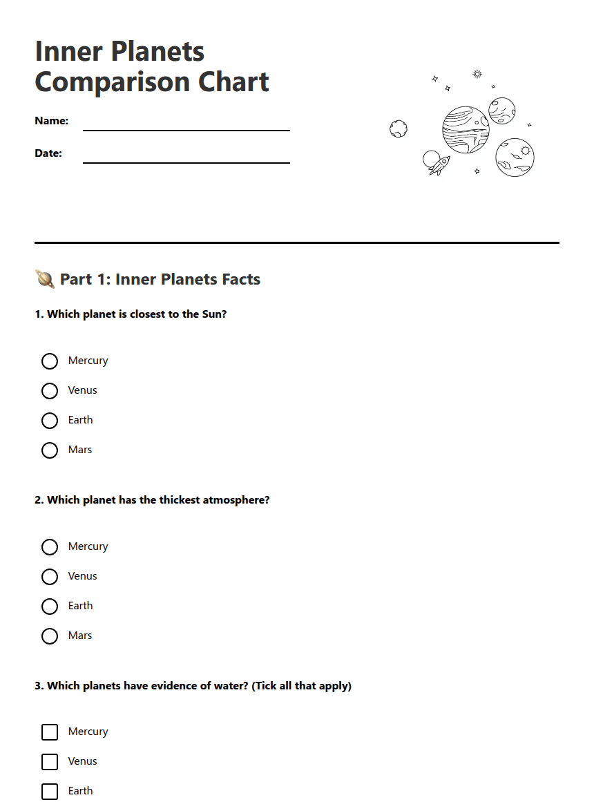 Inner Planets Comparison Chart worksheet preview