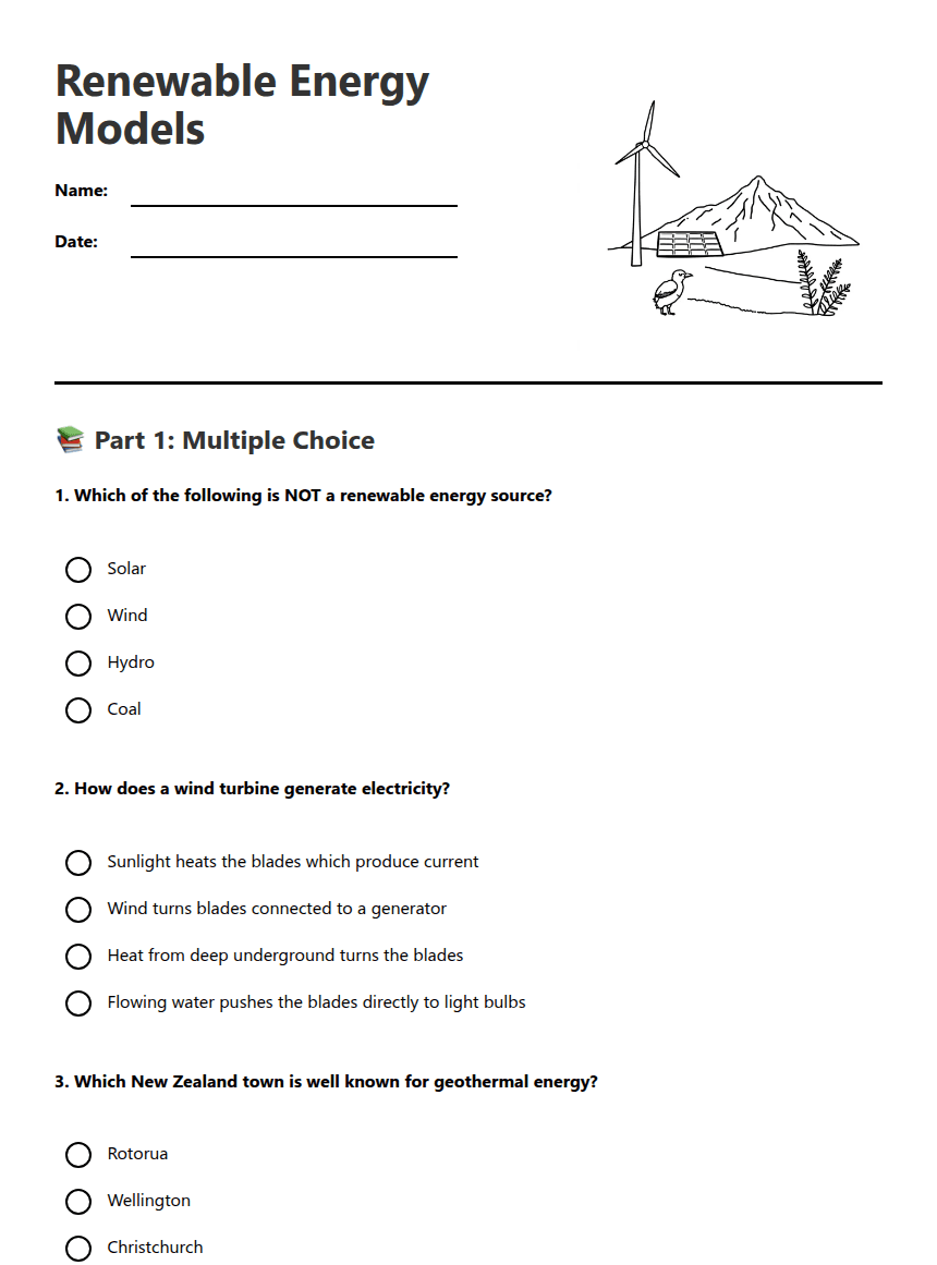 Renewable Energy Models worksheet preview