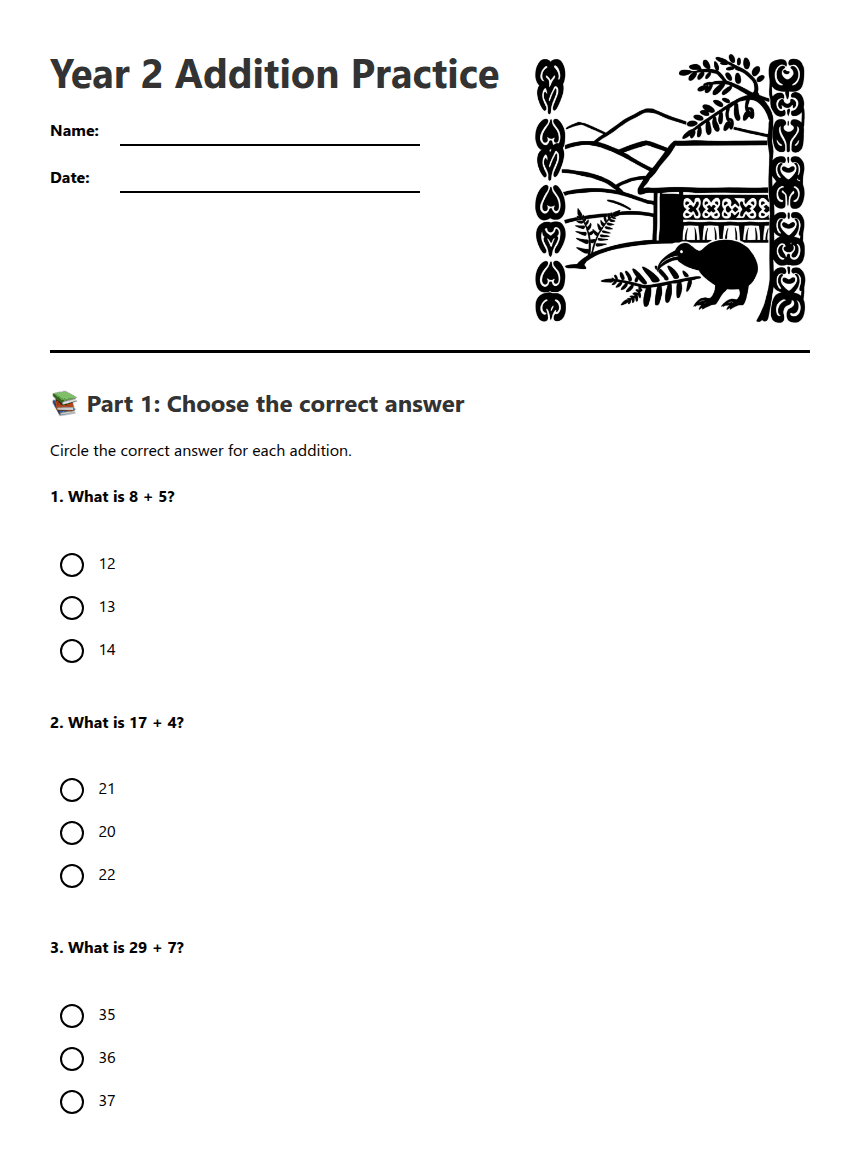 Year 2 Addition Practice worksheet preview