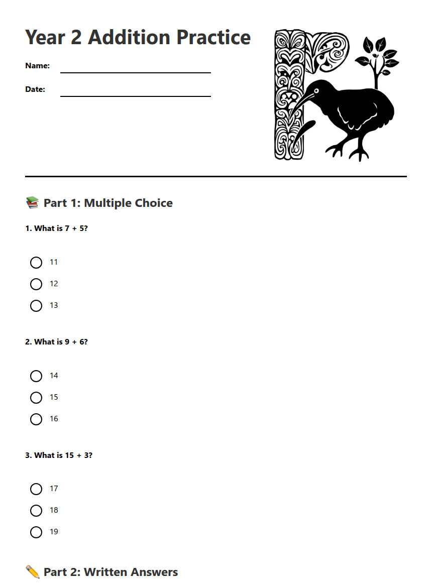 Year 2 Addition Practice worksheet preview