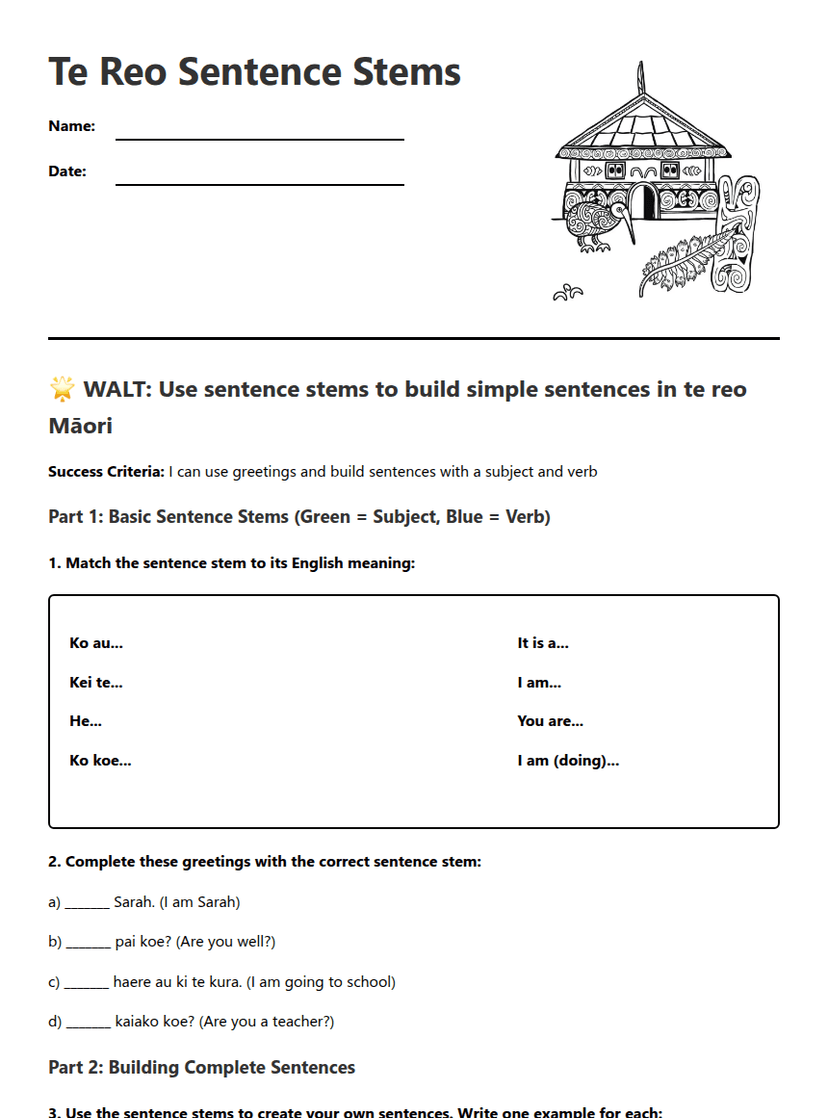 Te Reo Sentence Stems