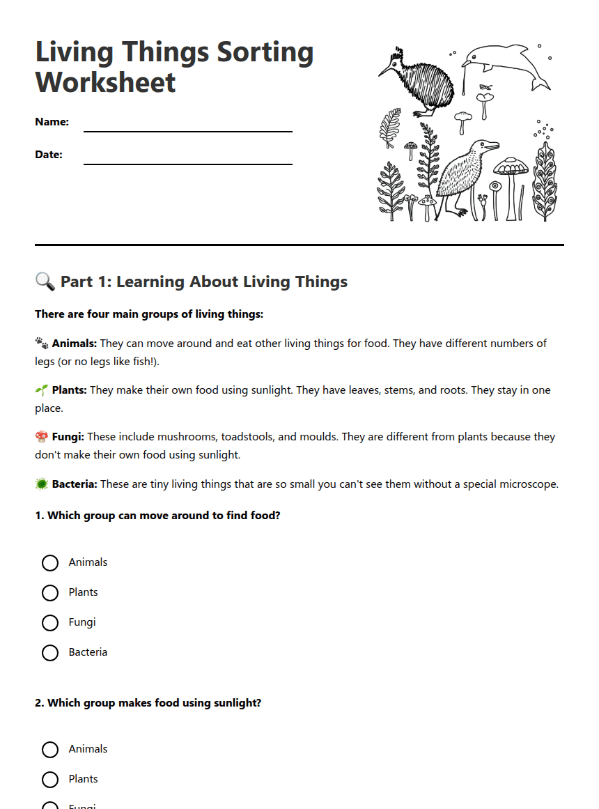 Living Things Sorting Worksheet worksheet preview