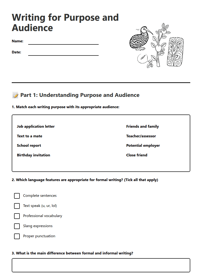 Writing for Purpose and Audience worksheet preview