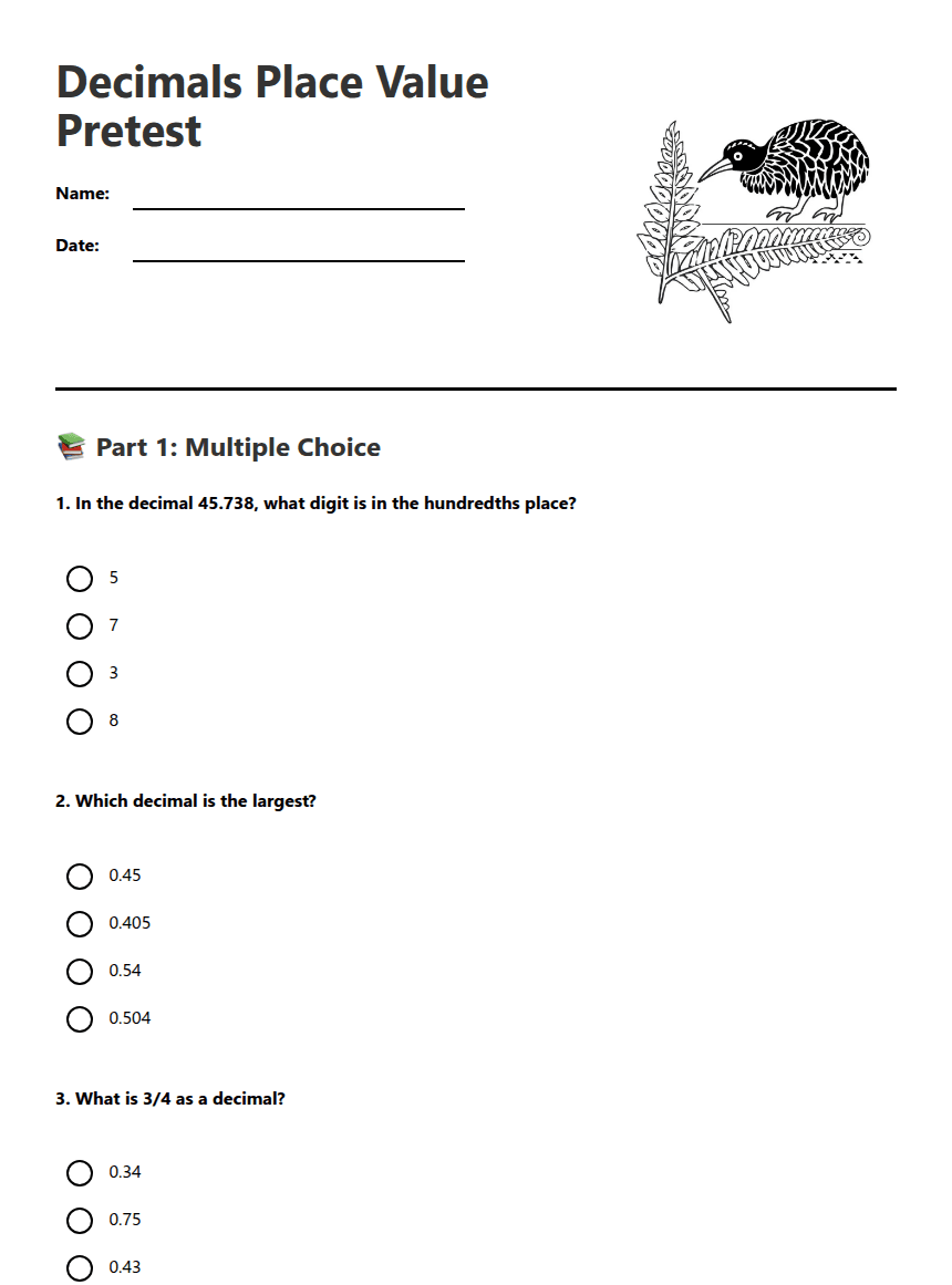 Decimals Place Value Pretest worksheet preview