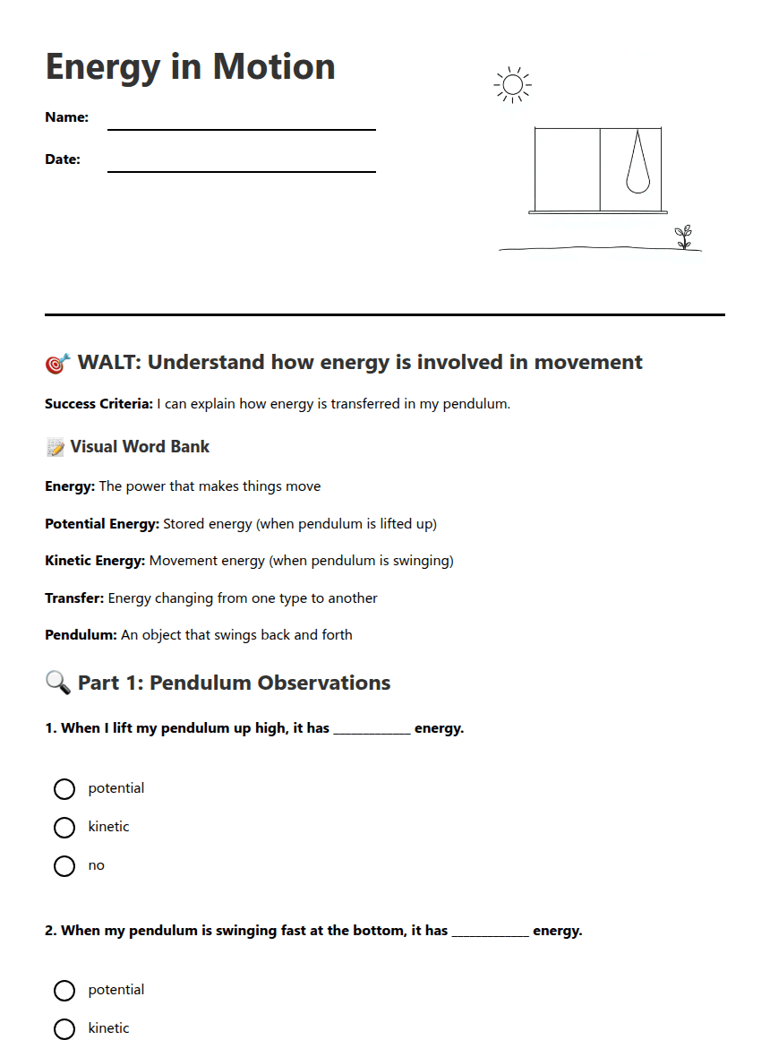 Energy in Motion worksheet preview