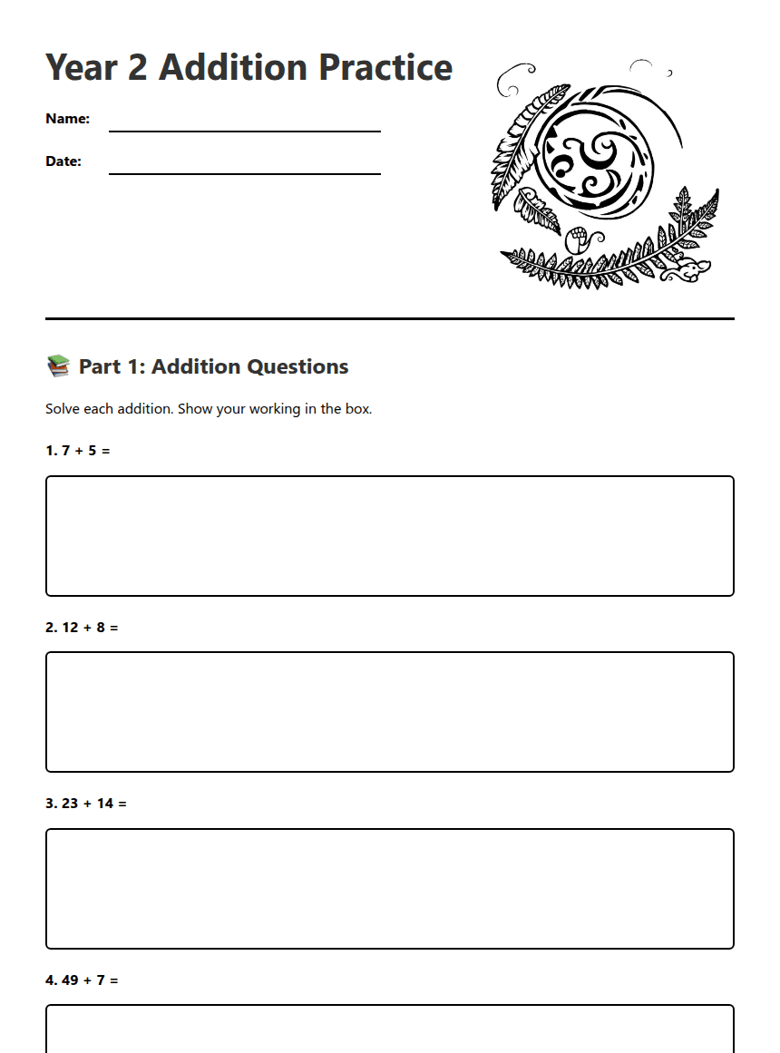 Year 2 Addition Practice worksheet preview